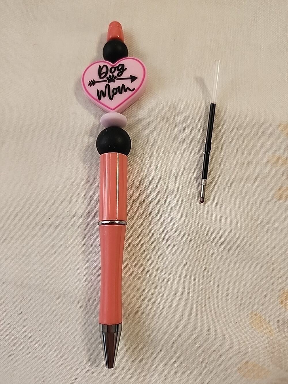 Bead Pen Dog Mom Heart Silicone Beads Pink Black Extra Ink Cartridge